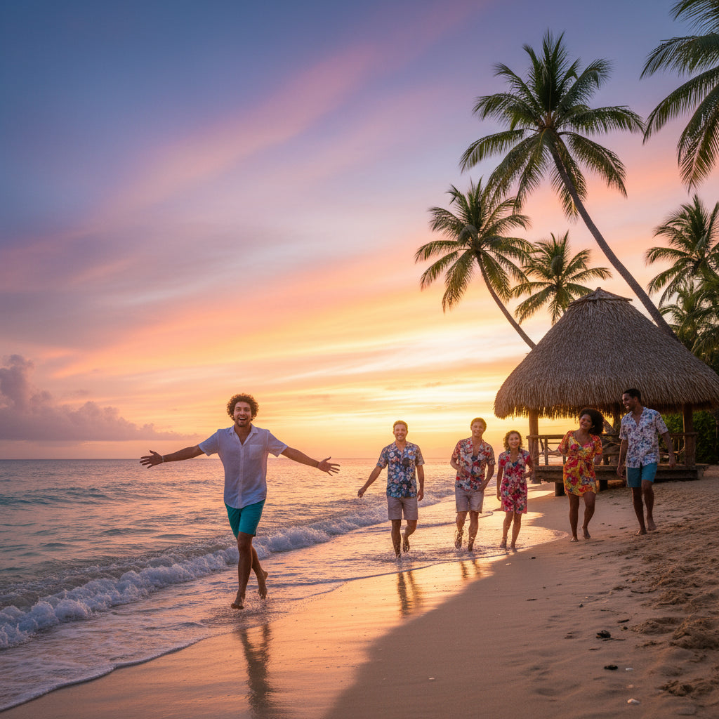 Friends on the golden sky lit beach at sunset walking,, laughing, happy and loving the experience.
