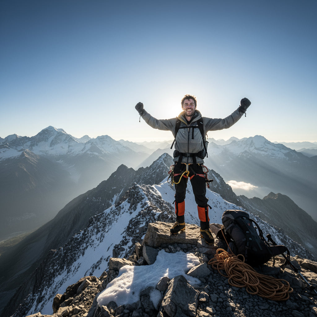 Man is standing at the top of the mountain. He has reached the APEX.
