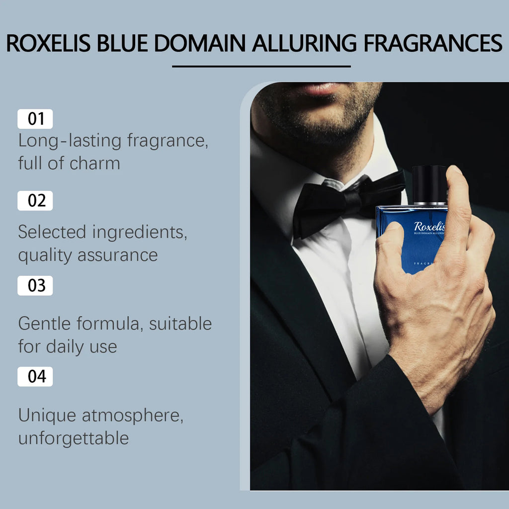 Man holding a "Her Apex"  perfume bottle with product features listed on a light blue background